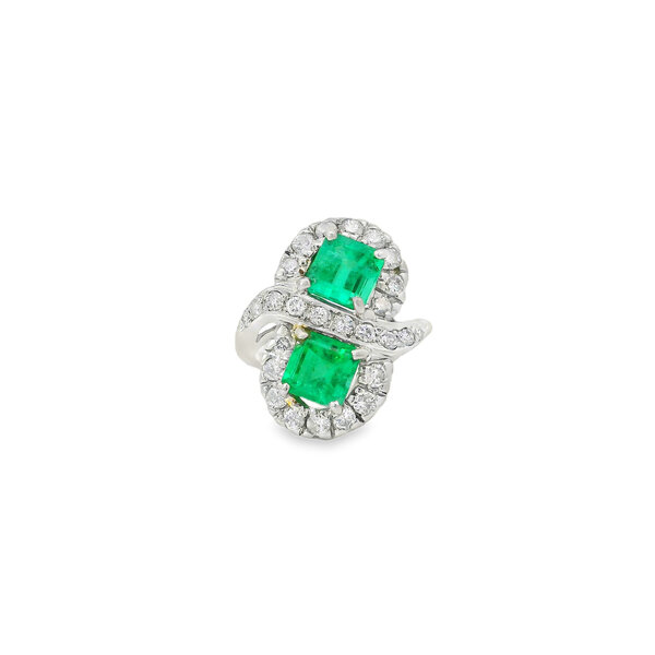 14K White Gold 1960's 2.02ct Emerald & .76ct Diamond Toi Et Moi Ring Size 4.75