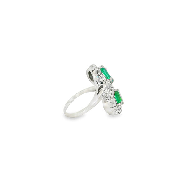 14K White Gold 1960's 2.02ct Emerald & .76ct Diamond Toi Et Moi Ring Size 4.75