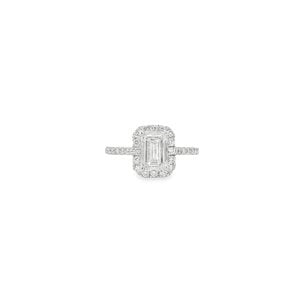 14KW 1.5ct Emerald Cut Lab & .50ct Dia Halo Ring Sz 7.25
