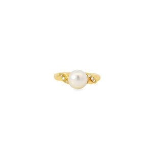 18KY 1970's 8mm Pearl .06ct Dia Textured Ring Sz 7.75