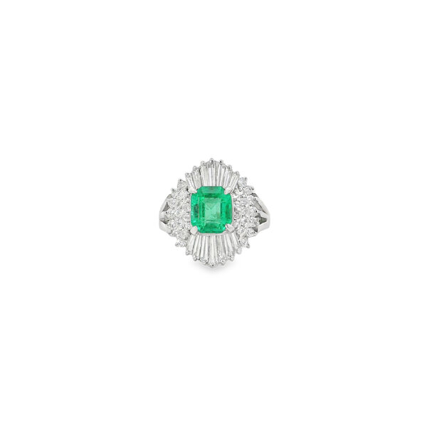 Platinum 1960's 1.48ct Emerald Cut Emerald & 1.18ct Diamond Ballerina Ring Size 6
