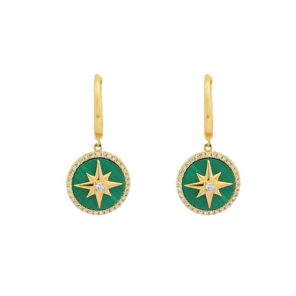 14K Yellow Gold 3ct Malachite .29ct Diamond Compass Rose 2x25mm Huggie Hoop Dangles