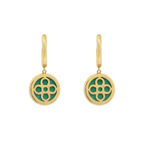 14K Yellow Gold 3ct Malachite .29ct Diamond Compass Rose 2x25mm Huggie Hoop Dangles