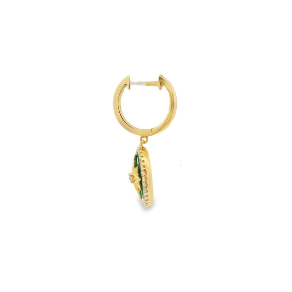 14K Yellow Gold 3ct Malachite .29ct Diamond Compass Rose 2x25mm Huggie Hoop Dangles
