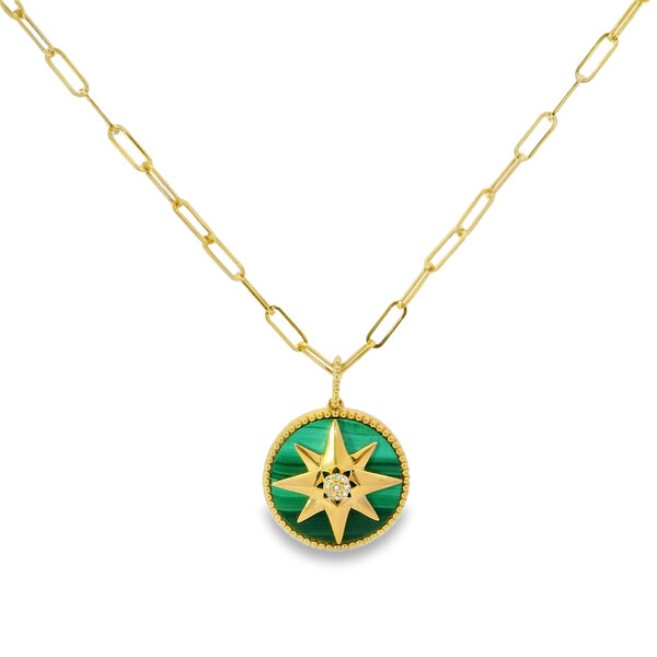14K Yellow Gold 7.10ct Malachite .04ct Diamond Compass Paperclip Necklace 17.5"