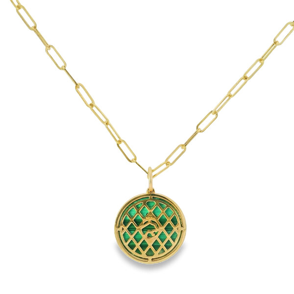 14K Yellow Gold 7.10ct Malachite .04ct Diamond Compass Paperclip Necklace 17.5"