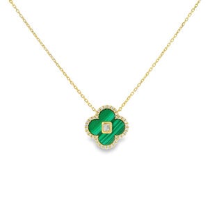 14KY 2.15ct Malachite .24ct Dia Clover Split Chain Necklace 16"-17"-18"