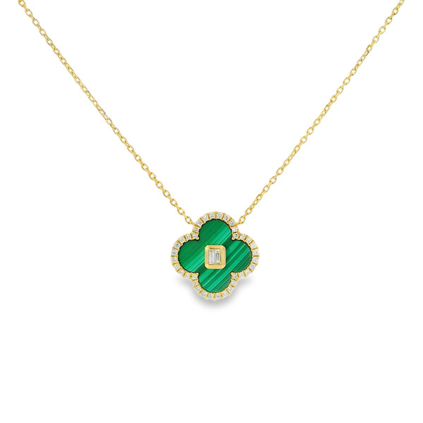 14K Yellow Gold 2.15ct Malachite .24ct Diamond Clover Split Chain Necklace 16"-17"-18"