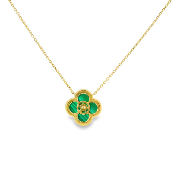 14K Yellow Gold 2.15ct Malachite .24ct Diamond Clover Split Chain Necklace 16"-17"-18"