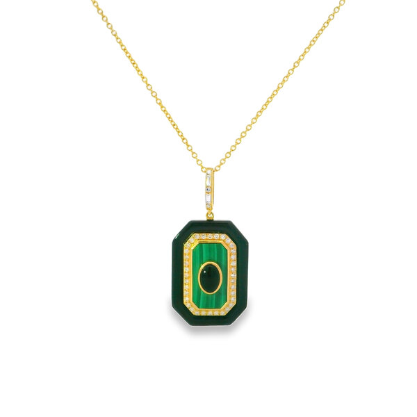 14K Yellow Gold 4.6ct Black Onyx 2.5ct Malachite .21ct Diamond Necklace 16"-17"-18"