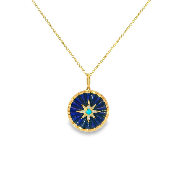 14K Yellow Gold 3.70ct Textured Lapis .08ct Diamond Compass Style Necklace 16"-17"-18"