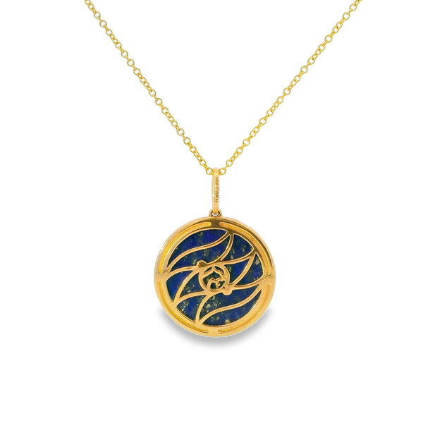 14K Yellow Gold 3.70ct Textured Lapis .08ct Diamond Compass Style Necklace 16"-17"-18"