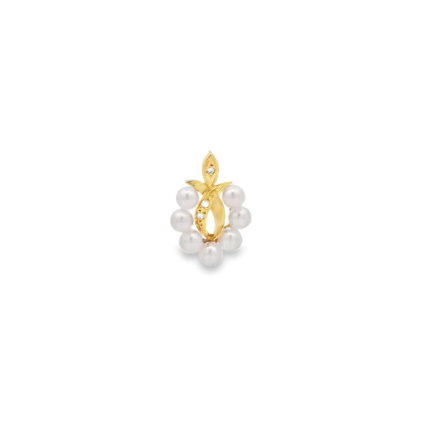 18K Yellow Gold 1970's 4-4.5mm White Freshwater Pearls .03ct Diamond Pendant 20x14mm
