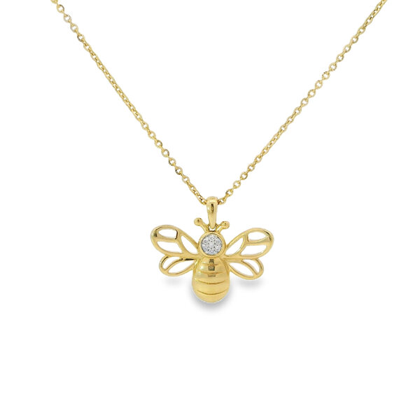 14K Yellow Gold .04ct Diamond 19x21mm Bee Necklace 18"