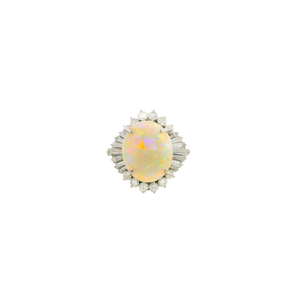Platinum 1960's 2.96ct Oval Opal 1.23ct Diamond Ballerina Ring Size 6.25