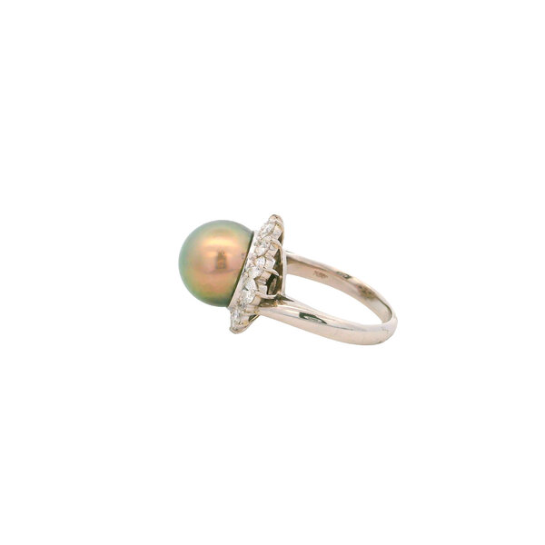 Platinum 1970's 12.8mm Tahitian Pearl 1.52ct Diamond Halo Ring Size 7