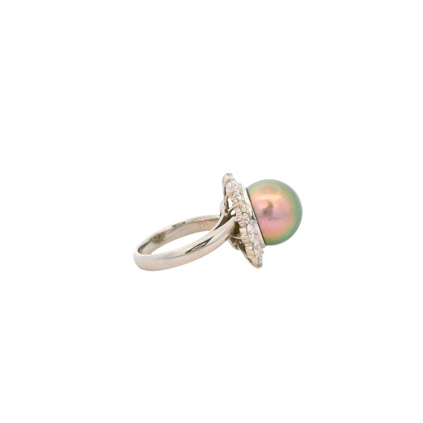 Platinum 1970's 12.8mm Tahitian Pearl 1.52ct Diamond Halo Ring Size 7