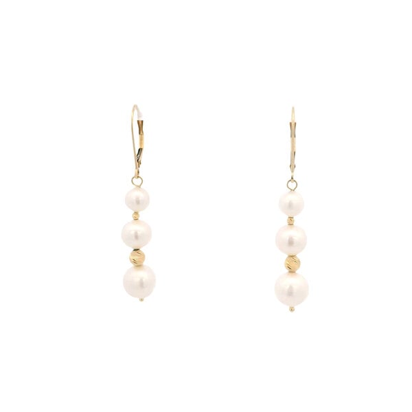 14K Yellow Gold 6-8mm Graduated Pearl & Diamond Cut Bead Leverback Earrings 46mm Length
