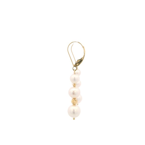 14K Yellow Gold 6-8mm Graduated Pearl & Diamond Cut Bead Leverback Earrings 46mm Length