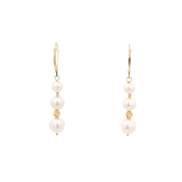 14K Yellow Gold 6-8mm Graduated Pearl & Diamond Cut Bead Leverback Earrings 46mm Length