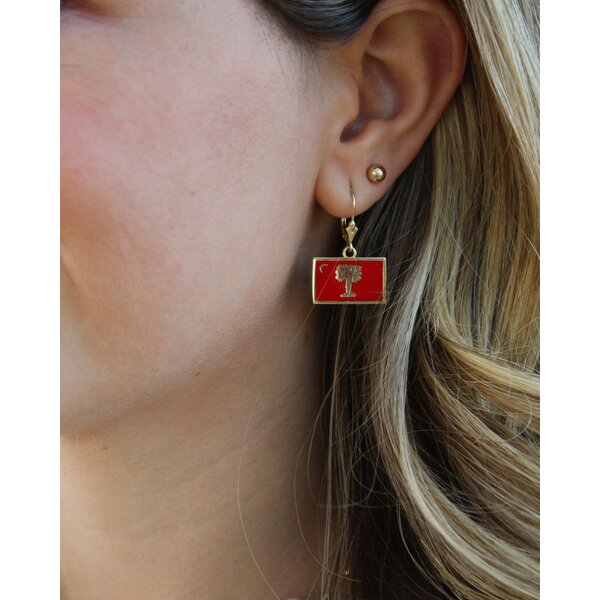 14K Yellow Gold Enamel Big Red Citadel Flag Earrings Small
