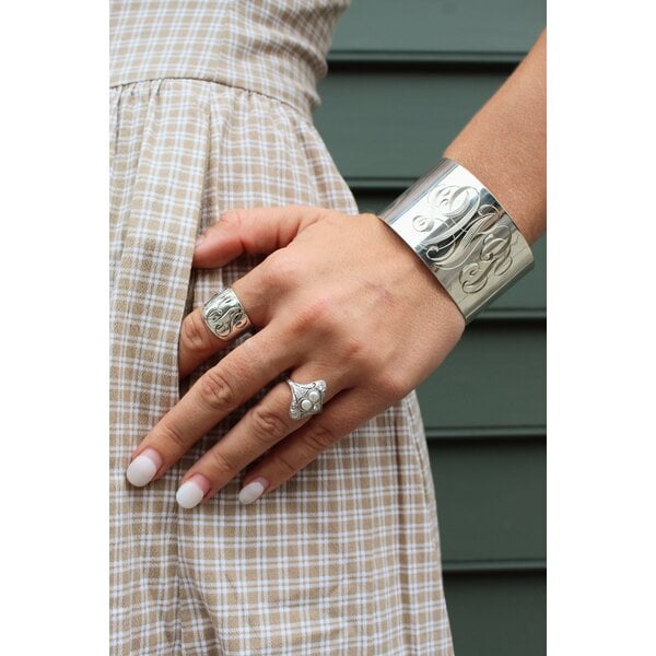 Sterling Silver GC Medium Cigar Band Ring with Hand Engraving