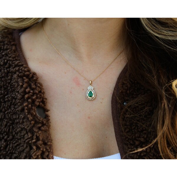 14K Yellow Gold .60ct Pear Emerald & .36ct Diamond Necklace 18"