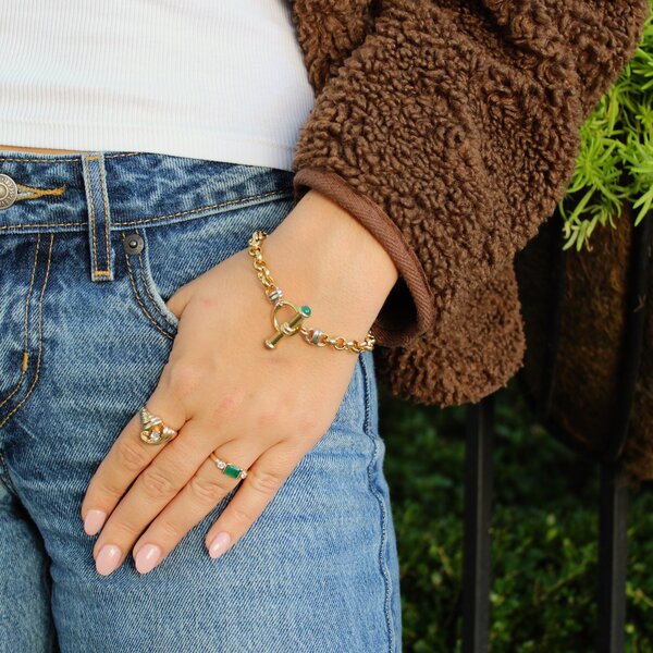 14K Yellow & White Gold Estate Green Chalcedony 6.5mm Rolo Toggle Bracelet 7"