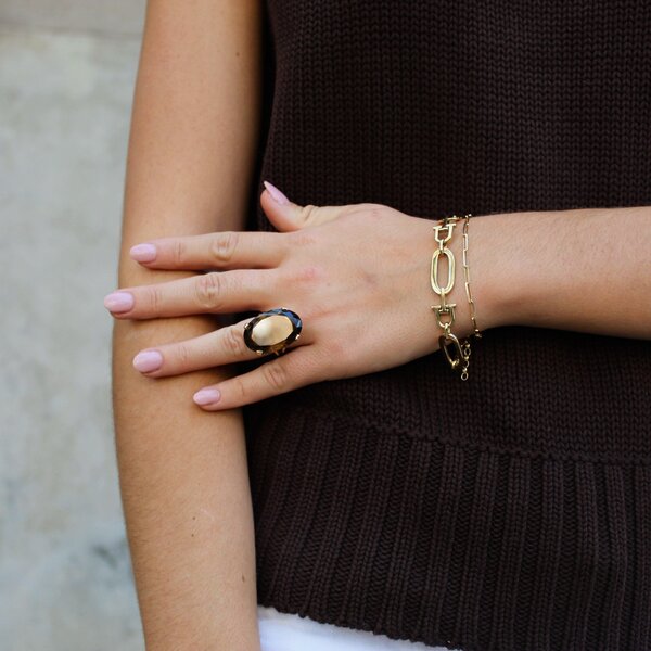 14K Yellow Gold 1970's 40.5ct Oval Smoky Topaz Ring Size 6.25