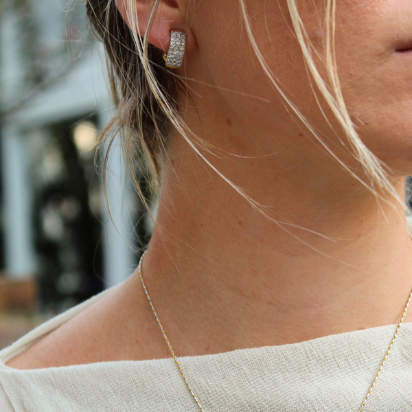 14K Yellow Gold 1980's 1ct Diamond Triple Row Huggie Post Hoop