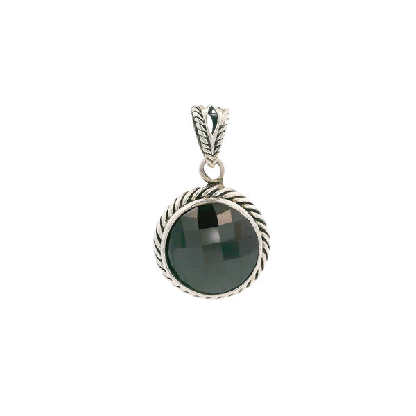 Sterling Silver Round Faceted Black Onyx Rope Edge Pendant 32x19mm
