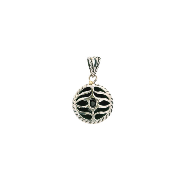 Sterling Silver Round Faceted Black Onyx Rope Edge Pendant 32x19mm