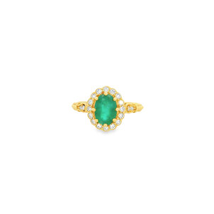 14KY 1.14ct Oval Emerald .38ct Dia Milgrain Ring Sz 6.5