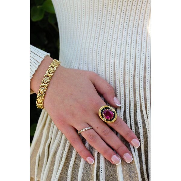 18K Yellow Gold 1970's 10.05ct Rubellite .14ct Diamond Black Onyx Textured Ring Size  7.25