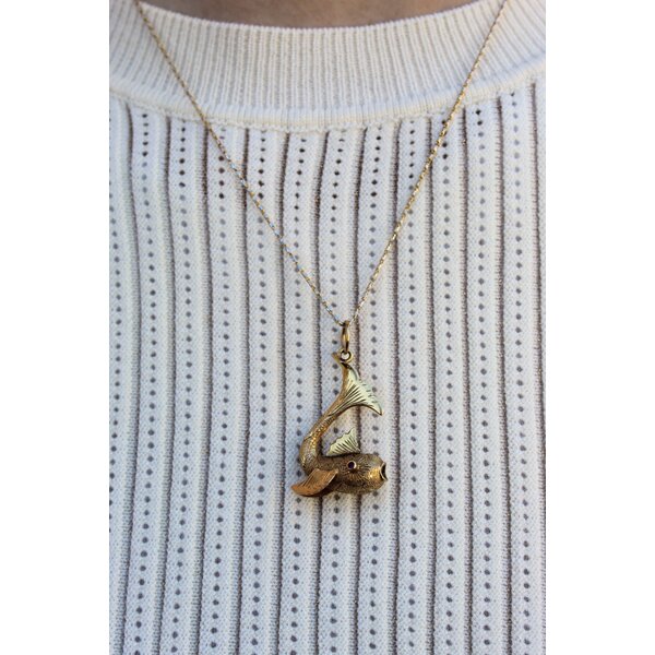 18K Yellow Gold Estate .04ct Ruby Koi Fish Pendant 38x11mm