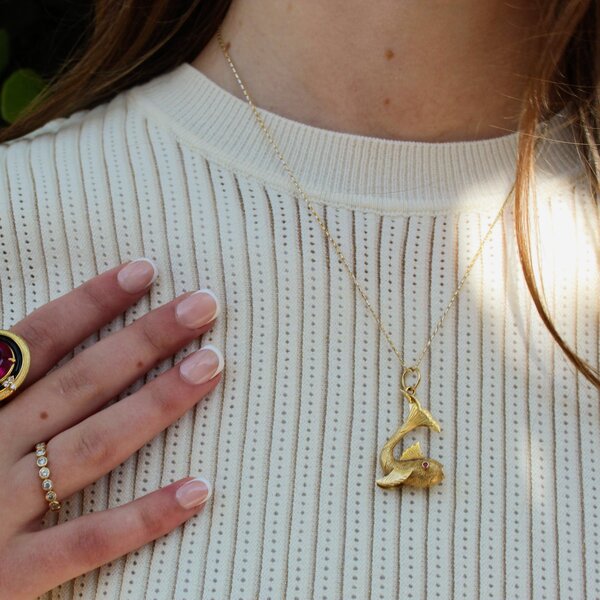 18K Yellow Gold Estate .04ct Ruby Koi Fish Pendant 38x11mm