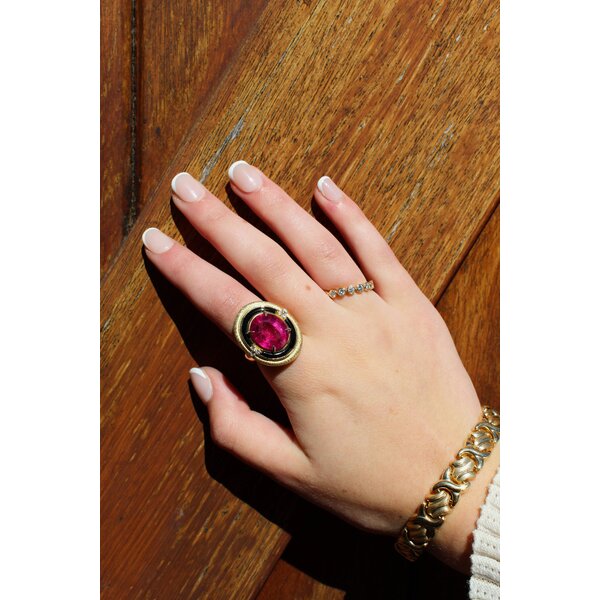 18K Yellow Gold 1970's 10.05ct Rubellite .14ct Diamond Black Onyx Textured Ring Size  7.25