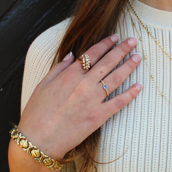 14K Yellow Gold .25ct Emerald Cut Sapphire East to West Beaded Ring Size 6.5