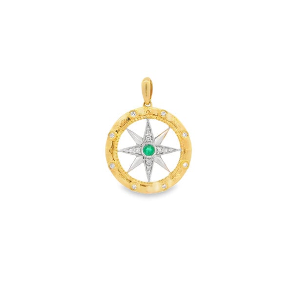14K Yellow & White Gold Emerald & Diamond Large Compass Rose Pendant