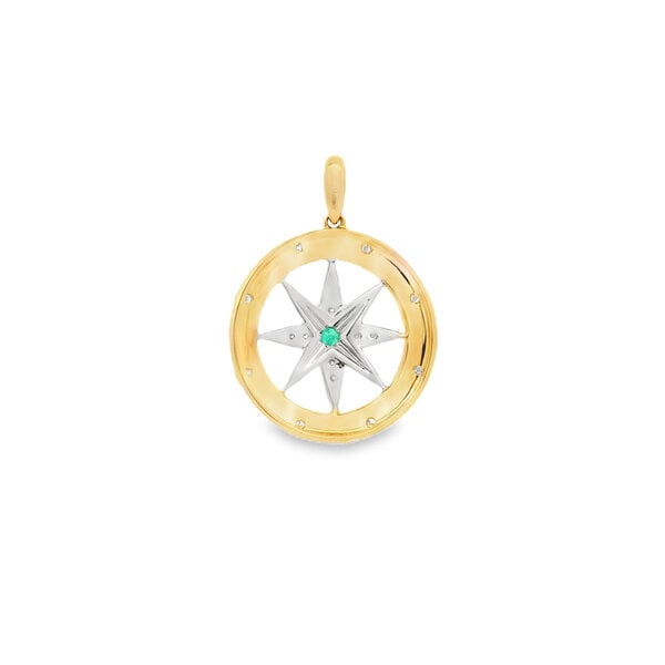 14K Yellow & White Gold Emerald & Diamond Large Compass Rose Pendant