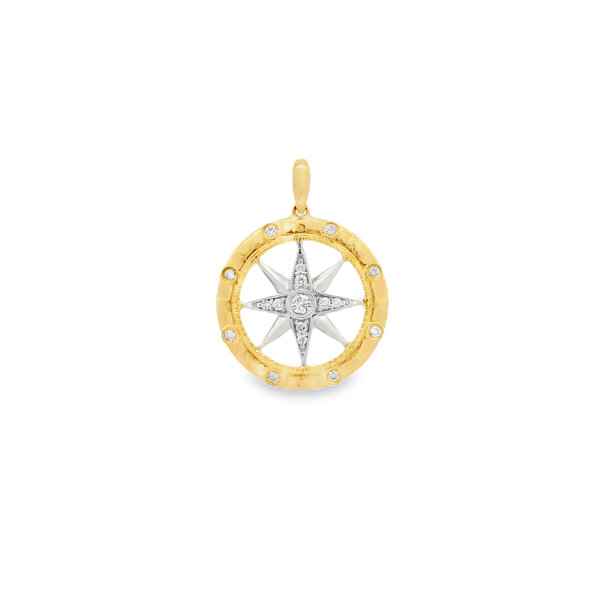 14K Yellow & White Gold Diamond Compass Rose Large Pendant
