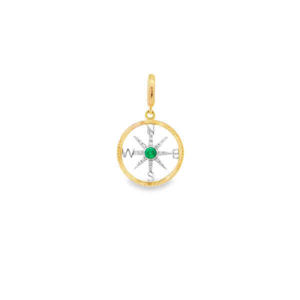 14K Yellow and White Gold .06ct Emerald & .05ct Diamond Rope Edge Compass Small (Yellow Out/White In)