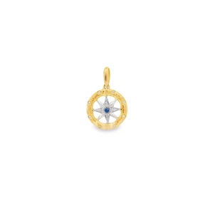 14K Yellow & White Gold Sapphire & Diamond Small Compass Rose Pendant