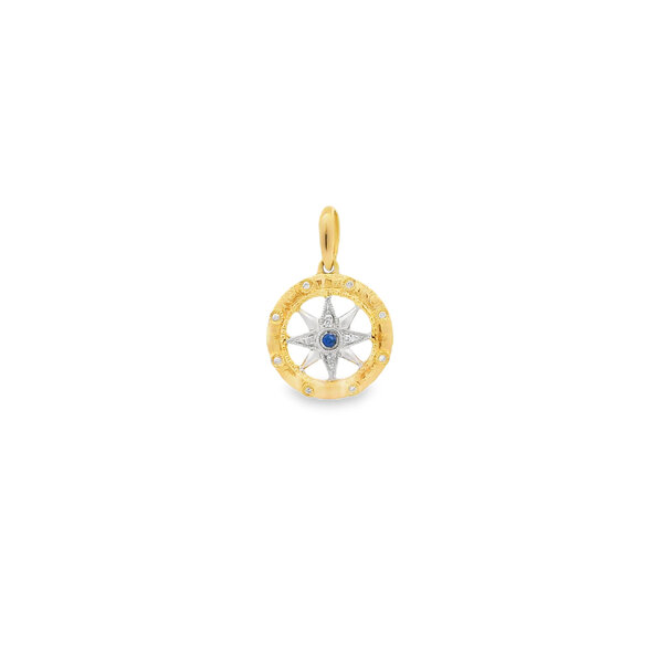 14K Yellow & White Small .03ct Diamond & .02ct Sapphire Compass Rose Pendant