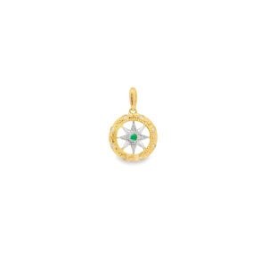 14K Yellow & White Gold Emerald & Diamond Compass Rose Small Pendant