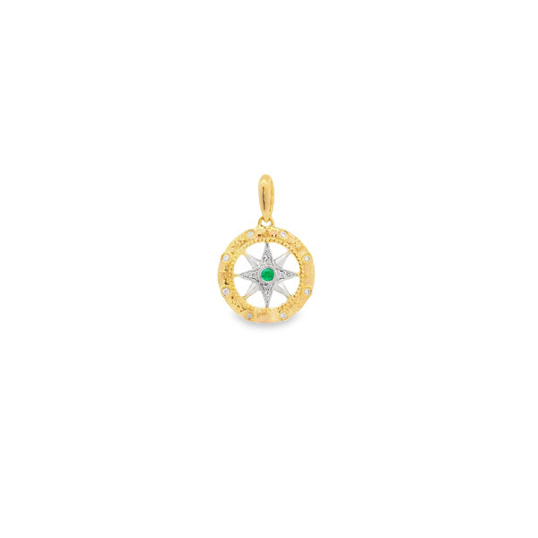 14K Yellow & White Gold Emerald & Diamond Compass Rose Small Pendant