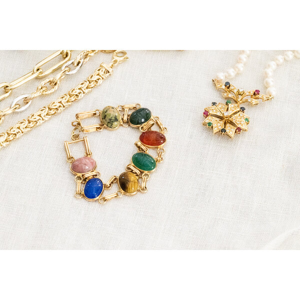 14K Yellow Gold 1960's 7 Stone Double Link Scarab Bracelet 7"