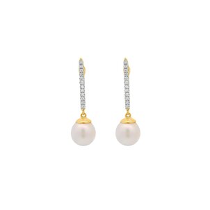 14KY .12ct Dia 7-7.5mm White Freshwater Pearl Bar Dangle Earrings
