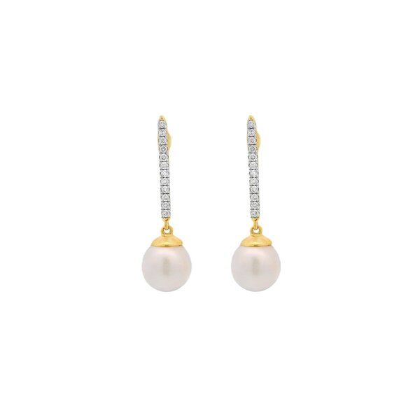 14K Yellow Gold .12ct Diamond 7-7.5mm White Freshwater Pearl Bar Dangle Earrings