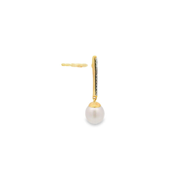 14K Yellow Gold .12ct Diamond 7-7.5mm White Freshwater Pearl Bar Dangle Earrings